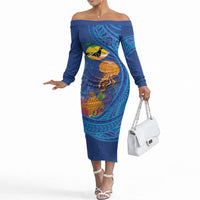 Hawaiian Funny Fruits Sea Animals Off The Shoulder Long Sleeve Dress Mango Reef Triggerfish and Pineapple Turtle and Mandarin Jellyfish