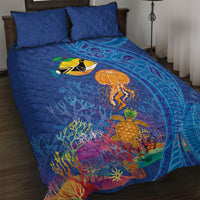 Hawaiian Funny Fruits Sea Animals Quilt Bed Set Mango Reef Triggerfish and Pineapple Turtle and Mandarin Jellyfish
