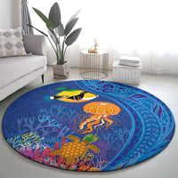 Hawaiian Funny Fruits Sea Animals Round Carpet Mango Reef Triggerfish and Pineapple Turtle and Mandarin Jellyfish