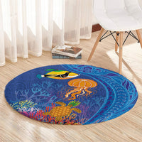 Hawaiian Funny Fruits Sea Animals Round Carpet Mango Reef Triggerfish and Pineapple Turtle and Mandarin Jellyfish
