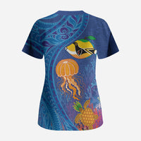 Hawaiian Funny Fruits Sea Animals Scrub Top Mango Reef Triggerfish and Pineapple Turtle and Mandarin Jellyfish