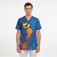 Hawaiian Funny Fruits Sea Animals Scrub Top Mango Reef Triggerfish and Pineapple Turtle and Mandarin Jellyfish