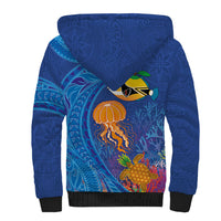 Hawaiian Funny Fruits Sea Animals Sherpa Hoodie Mango Reef Triggerfish and Pineapple Turtle and Mandarin Jellyfish