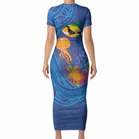 Hawaiian Funny Fruits Sea Animals Short Sleeve Bodycon Dress Mango Reef Triggerfish and Pineapple Turtle and Mandarin Jellyfish