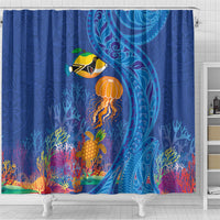 Hawaiian Funny Fruits Sea Animals Shower Curtain Mango Reef Triggerfish and Pineapple Turtle and Mandarin Jellyfish