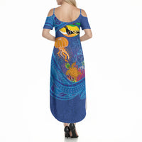 Hawaiian Funny Fruits Sea Animals Summer Maxi Dress Mango Reef Triggerfish and Pineapple Turtle and Mandarin Jellyfish