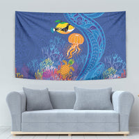 Hawaiian Funny Fruits Sea Animals Tapestry Mango Reef Triggerfish and Pineapple Turtle and Mandarin Jellyfish