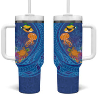 Hawaiian Funny Fruits Sea Animals Tumbler With Handle Mango Reef Triggerfish and Pineapple Turtle and Mandarin Jellyfish