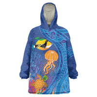 Hawaiian Funny Fruits Sea Animals Wearable Blanket Hoodie Mango Reef Triggerfish and Pineapple Turtle and Mandarin Jellyfish