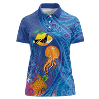 Hawaiian Funny Fruits Sea Animals Women Polo Shirt Mango Reef Triggerfish and Pineapple Turtle and Mandarin Jellyfish
