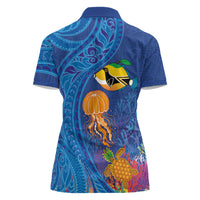 Hawaiian Funny Fruits Sea Animals Women Polo Shirt Mango Reef Triggerfish and Pineapple Turtle and Mandarin Jellyfish