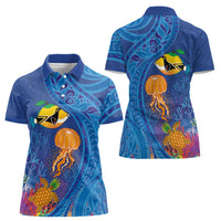 Hawaiian Funny Fruits Sea Animals Women Polo Shirt Mango Reef Triggerfish and Pineapple Turtle and Mandarin Jellyfish