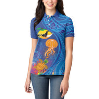Hawaiian Funny Fruits Sea Animals Women Polo Shirt Mango Reef Triggerfish and Pineapple Turtle and Mandarin Jellyfish