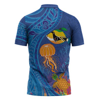 Hawaiian Funny Fruits Sea Animals Zipper Polo Shirt Mango Reef Triggerfish and Pineapple Turtle and Mandarin Jellyfish