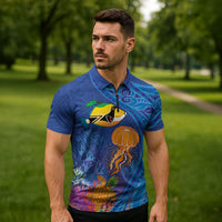 Hawaiian Funny Fruits Sea Animals Zipper Polo Shirt Mango Reef Triggerfish and Pineapple Turtle and Mandarin Jellyfish