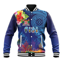 Fiji Day Baseball Jacket Coral Reef with Tapa Motifs and Hibiscus Ocean Vibe