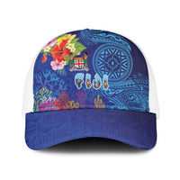 Fiji Day Baseball Net Cap Coral Reef with Tapa Motifs and Hibiscus Ocean Vibe