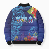 Fiji Day Bomber Puffer Jacket Coral Reef with Tapa Motifs and Hibiscus Ocean Vibe