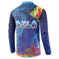 Fiji Day Button Sweatshirt Coral Reef with Tapa Motifs and Hibiscus Ocean Vibe