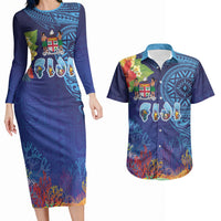 Fiji Day Couples Matching Long Sleeve Bodycon Dress and Hawaiian Shirt Coral Reef with Tapa Motifs and Hibiscus Ocean Vibe