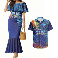 Fiji Day Couples Matching Mermaid Dress and Hawaiian Shirt Coral Reef with Tapa Motifs and Hibiscus Ocean Vibe