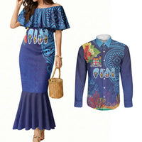 Fiji Day Couples Matching Mermaid Dress and Long Sleeve Button Shirt Coral Reef with Tapa Motifs and Hibiscus Ocean Vibe
