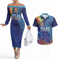 Fiji Day Couples Matching Off The Shoulder Long Sleeve Dress and Hawaiian Shirt Coral Reef with Tapa Motifs and Hibiscus Ocean Vibe
