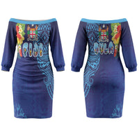 Fiji Day Couples Matching Off The Shoulder Long Sleeve Dress and Hawaiian Shirt Coral Reef with Tapa Motifs and Hibiscus Ocean Vibe
