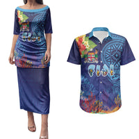 Fiji Day Couples Matching Puletasi and Hawaiian Shirt Coral Reef with Tapa Motifs and Hibiscus Ocean Vibe