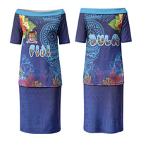 Fiji Day Couples Matching Puletasi and Hawaiian Shirt Coral Reef with Tapa Motifs and Hibiscus Ocean Vibe