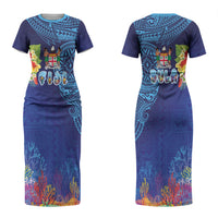 Fiji Day Couples Matching Short Sleeve Bodycon Dress and Long Sleeve Button Shirt Coral Reef with Tapa Motifs and Hibiscus Ocean Vibe