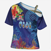 Fiji Day Cross Shoulder Shirt Coral Reef with Tapa Motifs and Hibiscus Ocean Vibe