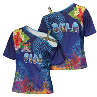 Fiji Day Cross Shoulder Shirt Coral Reef with Tapa Motifs and Hibiscus Ocean Vibe