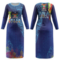 Fiji Day Family Matching Long Sleeve Bodycon Dress and Hawaiian Shirt Coral Reef with Tapa Motifs and Hibiscus Ocean Vibe