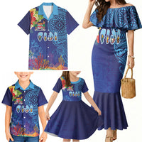 Fiji Day Family Matching Mermaid Dress and Hawaiian Shirt Coral Reef with Tapa Motifs and Hibiscus Ocean Vibe