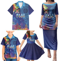 Fiji Day Family Matching Puletasi and Hawaiian Shirt Coral Reef with Tapa Motifs and Hibiscus Ocean Vibe