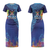 Fiji Day Family Matching Short Sleeve Bodycon Dress and Hawaiian Shirt Coral Reef with Tapa Motifs and Hibiscus Ocean Vibe