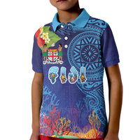 Fiji Day Kid Polo Shirt Coral Reef with Tapa Motifs and Hibiscus Ocean Vibe