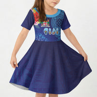 Fiji Day Kid Short Sleeve Dress Coral Reef with Tapa Motifs and Hibiscus Ocean Vibe