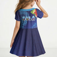 Fiji Day Kid Short Sleeve Dress Coral Reef with Tapa Motifs and Hibiscus Ocean Vibe
