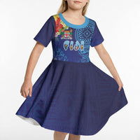 Fiji Day Kid Short Sleeve Dress Coral Reef with Tapa Motifs and Hibiscus Ocean Vibe
