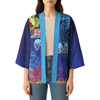 Fiji Day Kimono Coral Reef with Tapa Motifs and Hibiscus Ocean Vibe