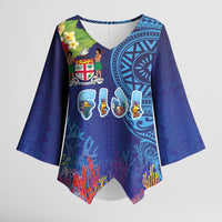 Fiji Day Kimono Sleeve Blouse Coral Reef with Tapa Motifs and Hibiscus Ocean Vibe