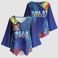 Fiji Day Kimono Sleeve Blouse Coral Reef with Tapa Motifs and Hibiscus Ocean Vibe