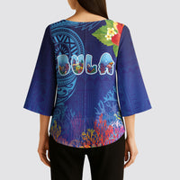Fiji Day Kimono Sleeve Blouse Coral Reef with Tapa Motifs and Hibiscus Ocean Vibe