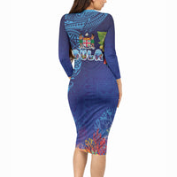 Fiji Day Long Sleeve Bodycon Dress Coral Reef with Tapa Motifs and Hibiscus Ocean Vibe