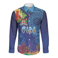 Fiji Day Long Sleeve Button Shirt Coral Reef with Tapa Motifs and Hibiscus Ocean Vibe