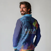 Fiji Day Long Sleeve Polo Shirt Coral Reef with Tapa Motifs and Hibiscus Ocean Vibe