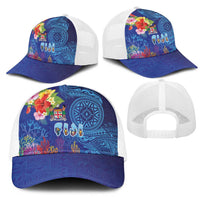 Fiji Day Mesh Trucker Cap Coral Reef with Tapa Motifs and Hibiscus Ocean Vibe