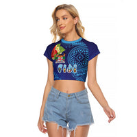 Fiji Day Raglan Cropped T Shirt Coral Reef with Tapa Motifs and Hibiscus Ocean Vibe